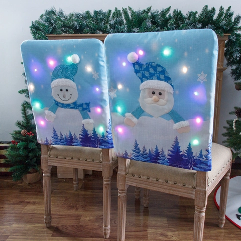 Weihnachten LED Leuchtende Stuhlbezüge Blau Leinenimitat Weihnachtsmann Schneemann Muster Licht Auf Xmas Feiertag Party Home Dekor