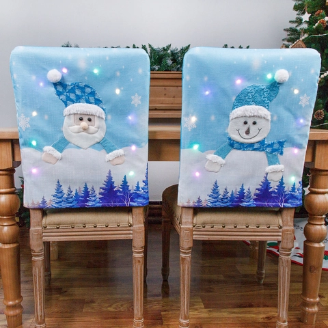 Weihnachten LED Leuchtende Stuhlbezüge Blau Leinenimitat Weihnachtsmann Schneemann Muster Licht Auf Xmas Feiertag Party Home Dekor
