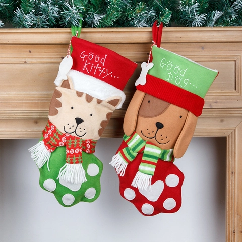 Cartoon Haustier Katze Hund Pfote Nikolausstiefel Geschenktüte Vlies Gestrickt Festlich Kamin Hängende Dekoration Feiertag Party Ornament