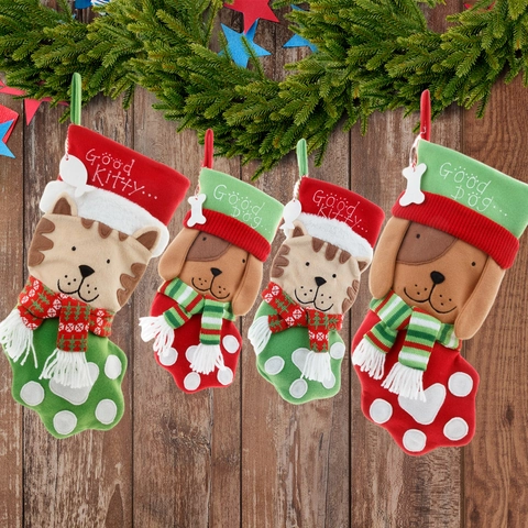 Cartoon Haustier Katze Hund Pfote Nikolausstiefel Geschenktüte Vlies Gestrickt Festlich Kamin Hängende Dekoration Feiertag Party Ornament