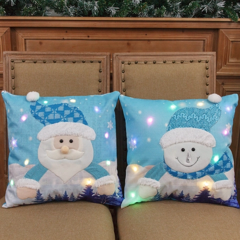 Fodera per Cuscino Natalizia Luminosa a LED in Cotone e Lino Con Babbo Natale e Pupazzo di Neve Decorazione Natalizia per Casa