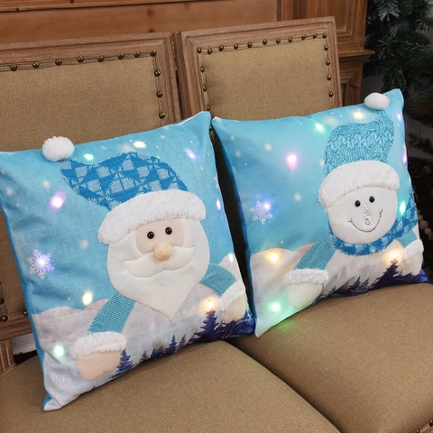 Fodera per Cuscino Natalizia Luminosa a LED in Cotone e Lino Con Babbo Natale e Pupazzo di Neve Decorazione Natalizia per Casa