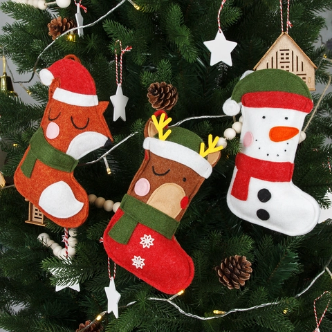 Christmas Cartoon Felt Stockings Gift Bag Hanging Decoration Snowman Reindeer Fox Pattern For Xmas Party Home Decor
