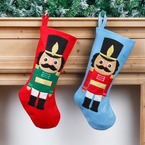 Calza di Natale Ricamata Soldato Schiaccianoci Grande Piccola Rosso Blu Sacchetto Regalo in Feltro Decorazione da Appendere
