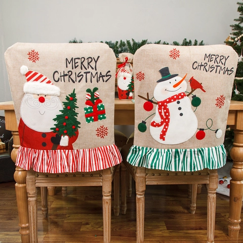 Christmas Embroidered Linen Chair Back Covers Santa Claus Snowman Pattern Dining Chair Protectors For Holiday Party Decorations