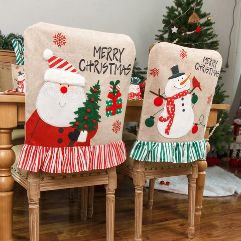 Christmas Embroidered Linen Chair Back Covers Santa Claus Snowman Pattern Dining Chair Protectors For Holiday Party Decorations