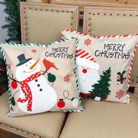 Funda De Almohada De Lino Bordada De Navidad Merry Christmas Papá Noel Muñeco De Nieve Para Sofá Casa Fiesta Decoración