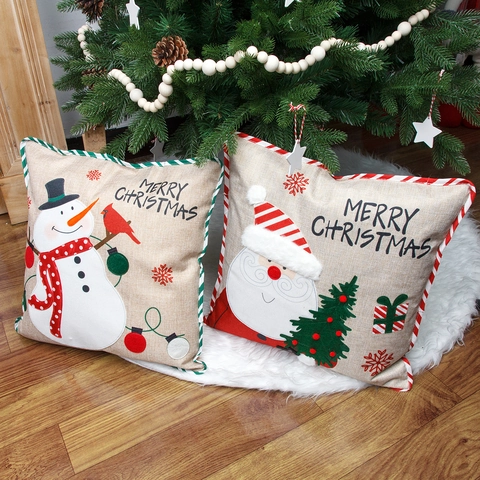 Funda De Almohada De Lino Bordada De Navidad Merry Christmas Papá Noel Muñeco De Nieve Para Sofá Casa Fiesta Decoración
