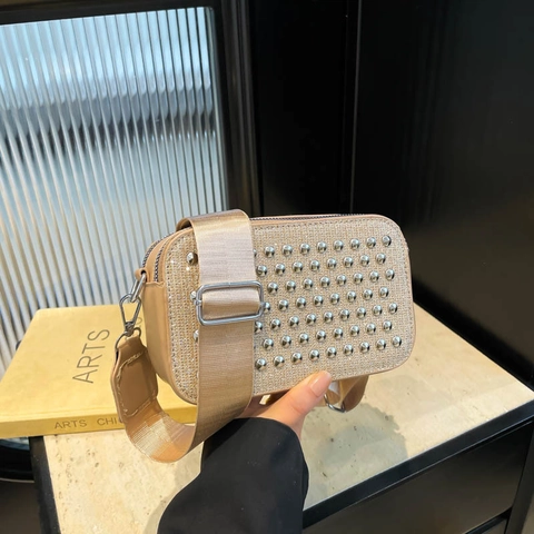 Fashion Rivet Crossbody Bag For Women Luxury Glitter Camera Bag Punk Small Square Bag With Wide Strap Shoulder Bag