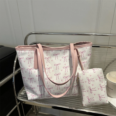 Set di Borse Tote con Stampa a Fiocco e Cuore Grande Capacità in Pelle PU 2 Pezzi Set di Borse a Tracolla per Università Lavoro Donna
