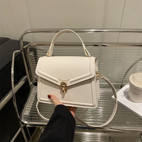 Women PU Leather Small Square Bag Simple Solid Color Shoulder Crossbody Bag With Gold Lock And Adjustable Strap Trendy Handbag