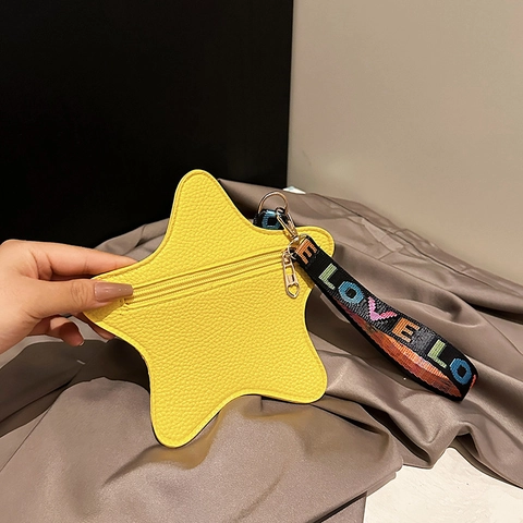 Fashion Women Star Shape Coin Purse Mini PU Leather Lychee Pattern Bag With Rainbow LOVE Strap Heart Zipper Small Pouch Gift
