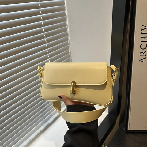 Bolso de Axila de Cuero PU Minimalista para Mujer Color Sólido Pequeño Bolso Cuadrado Con Cierre de Metal Dorado Bolso Baguette de Moda Simple