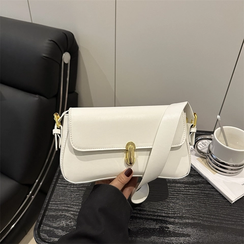 Bolso de Axila de Cuero PU Minimalista para Mujer Color Sólido Pequeño Bolso Cuadrado Con Cierre de Metal Dorado Bolso Baguette de Moda Simple