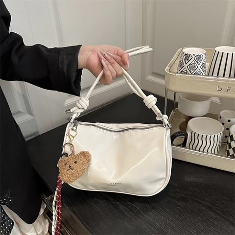 Women Fashion PU Leather Shoulder Bag Solid Color Hobo Bag With Teddy Bear Charm Knotted Strap Underarm Bag Daily Purse