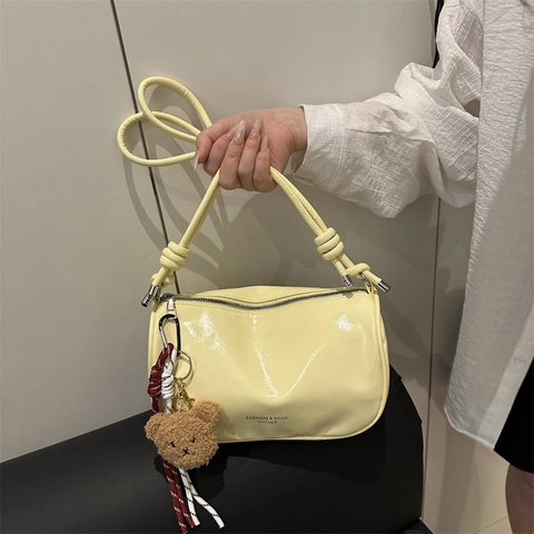 Women Fashion PU Leather Shoulder Bag Solid Color Hobo Bag With Teddy Bear Charm Knotted Strap Underarm Bag Daily Purse