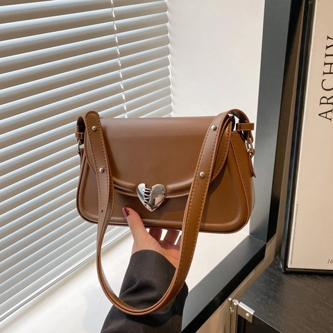 Petit Sac Carré Sous le Bras en Cuir PU pour Femmes Avec Boucle en Cœur Métallique Sac à Épaule Bandoulière Tendance