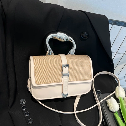 Borsa a Mano da Donna in Pelle PU con Patchwork Intrecciato e Manico in Metallo Irregolare Argento Borsa a Tracolla Quadrata