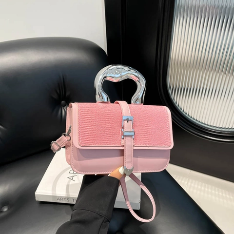 Borsa a Mano da Donna in Pelle PU con Patchwork Intrecciato e Manico in Metallo Irregolare Argento Borsa a Tracolla Quadrata
