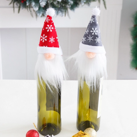 Christmas Gnome Wine Bottle Covers Snowflake Knitted Wine Bottle Topper With White Beard For Home Party Table Decor