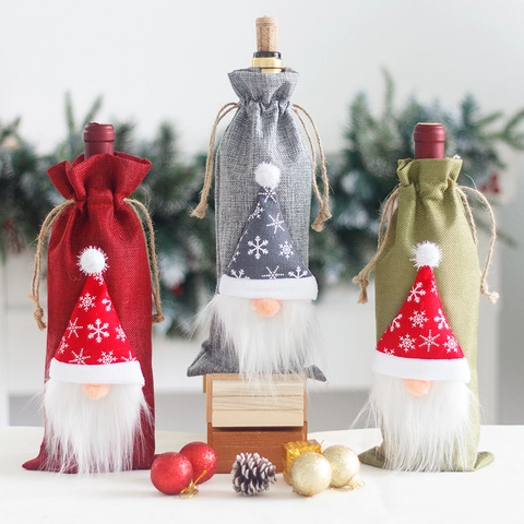 Christmas Wine Bottle Cover Burlap Gnome Faceless Doll Gift Bag For Xmas Party Table Decor Snowflake Pointy Hat Red Green Gray