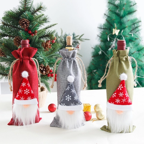 Christmas Wine Bottle Cover Burlap Gnome Faceless Doll Gift Bag For Xmas Party Table Decor Snowflake Pointy Hat Red Green Gray