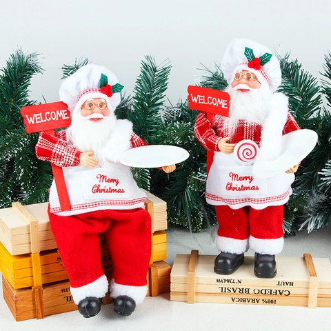 Christmas Chef Santa Claus Figurine With Welcome Sign And Tray Standing Sitting Red Plaid Chef Hat Xmas Holiday Decor