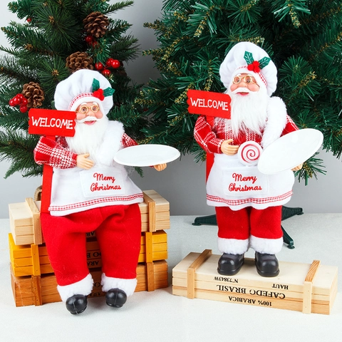 Christmas Chef Santa Claus Figurine With Welcome Sign And Tray Standing Sitting Red Plaid Chef Hat Xmas Holiday Decor