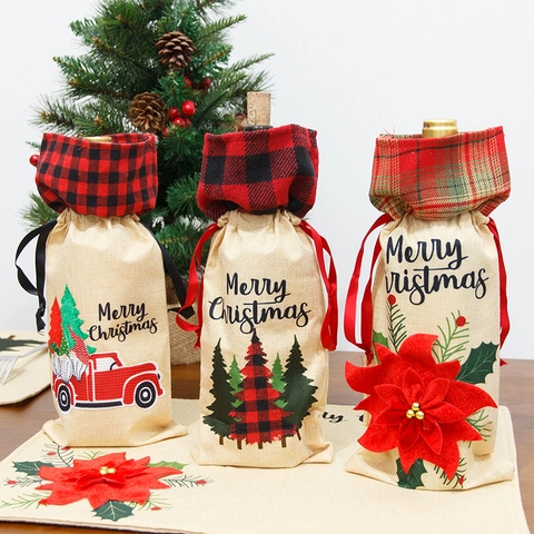 Burlap Christmas Wine Bottle Cover Gift Bag With Drawstring Merry Christmas Plaid Tree Poinsettia Red Truck Holiday Decor