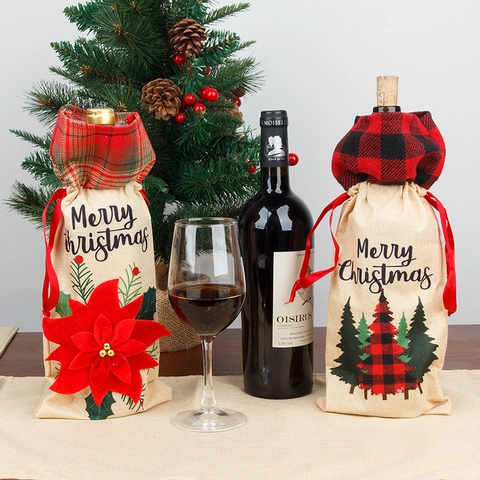 Burlap Christmas Wine Bottle Cover Gift Bag With Drawstring Merry Christmas Plaid Tree Poinsettia Red Truck Holiday Decor