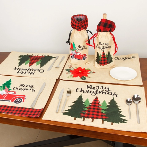 Rustic Christmas Burlap Placemat Heat Resistant Washable Table Mat Red Truck Tree Buffalo Plaid Xmas Dining Decoration