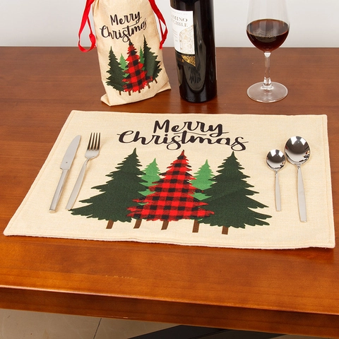 Rustic Christmas Burlap Placemat Heat Resistant Washable Table Mat Red Truck Tree Buffalo Plaid Xmas Dining Decoration