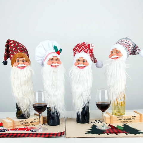 Copribottiglia di Vino Babbo Natale Con Barba Lunga Cappello a Maglia Decorazione Tavola di Natale Chef Country Stile Nordico