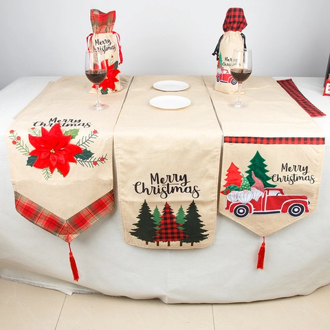 Merry Christmas Table Runner Burlap Linen Plaid Border Tassels For Holiday Dining Room Kitchen Party Decorations