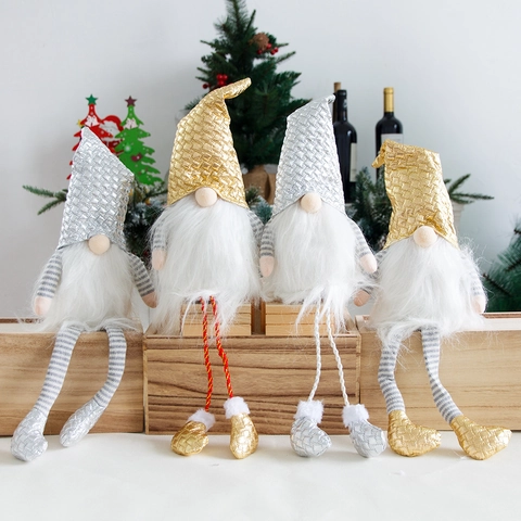 Gnomo de Navidad Adorno de Anciano Sin Rostro Oro Plata Lentejuelas Pierna Larga Hombre del Bosque Nórdico para Decoración del Hogar