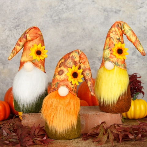 Gnome de Décoration Récolte d'Automne Tournesol Peluche Tomte Poupée Sans Visage pour Ornement de Table Maison Cadeau Festif