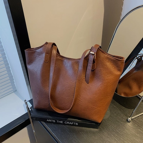 Bolso Tote de Cuero PU de Gran Capacidad Vintage para Mujer Bolso de Hombro Minimalista de Color Sólido Bolso de Trabajo