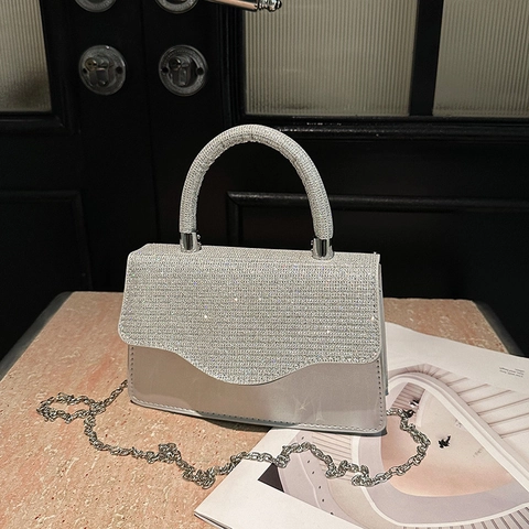 Elegant Women Glitter Rhinestone Evening Bag Banquet Party Shoulder Handbag With Chain Strap Fashion Small Square Crossbody Bag