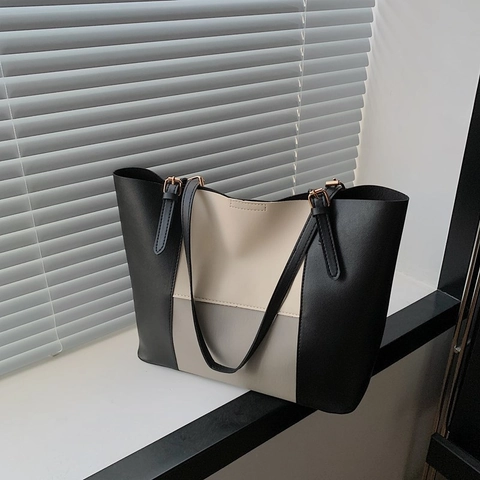 Bolso de Mano de Gran Capacidad para Mujer Bloque de Color Minimalista Cuero PU Bolso de Hombro para Viaje Diario con Correa Ajustable Bolso de Oficina Vintage