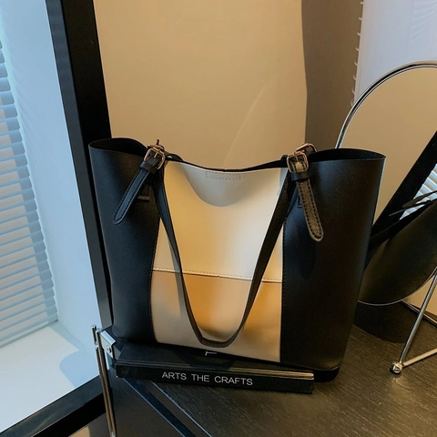 Bolso de Mano de Gran Capacidad para Mujer Bloque de Color Minimalista Cuero PU Bolso de Hombro para Viaje Diario con Correa Ajustable Bolso de Oficina Vintage