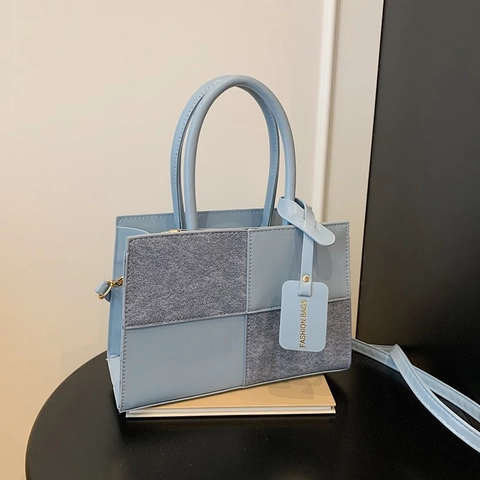 Korean Style Women Patchwork PU Leather Handbag Contrast Color Square Crossbody Bag With Adjustable Shoulder Strap