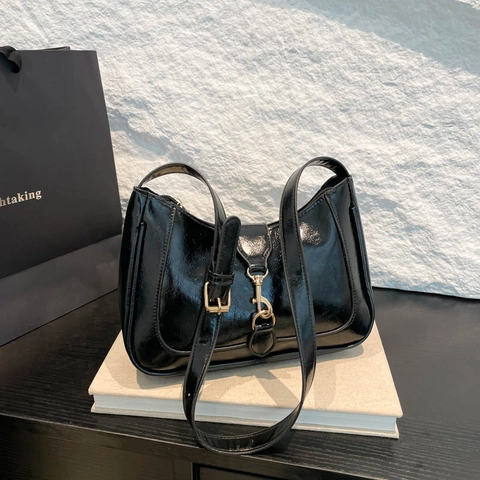Women Vintage PU Leather Underarm Hobo Bag High Shine Piston Buckle Shoulder Bag Adjustable Strap Small Metropolitan Purse