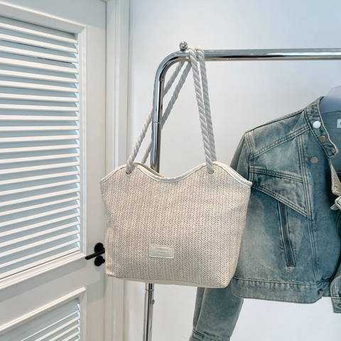Women Fashion Straw Tote Bag Large Capacity Woven Splicing PU Leather Shoulder Bag Summer Beach Vacation Cotton Rope Handle