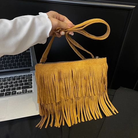 Sac Bandoulière Vintage pour Femmes Texture Suédine avec Glands Style Bohème Couleur Unie Sac à Épaule Casual