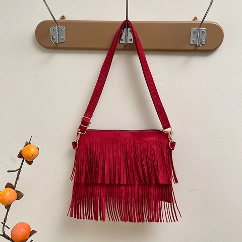 Sac Bandoulière Vintage pour Femmes Texture Suédine avec Glands Style Bohème Couleur Unie Sac à Épaule Casual