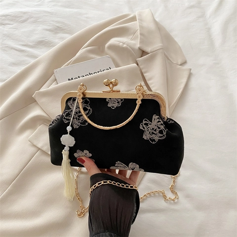 Bolso de Mano Retro Estilo Chino Con Bordado Floral Elegante Bolso de Noche para Boda Fiesta Con Cadena y Borla