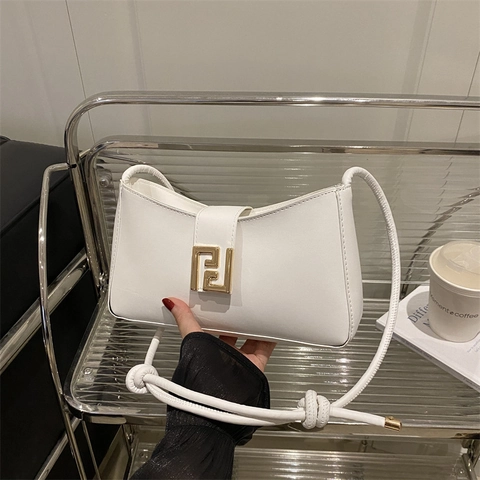 Women Fashion PU Leather Underarm Bag Retro Shoulder Bag With Gold Metal Buckle And Knot Strap Casual Solid Color Baguette Bag