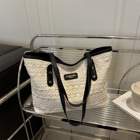 Damen Gewebte Spitze Hohl Tragetasche Große Kapazität Häkeln Blumen Schultertasche Mit PU Leder Griff Sommer Urlaub Strandtasche