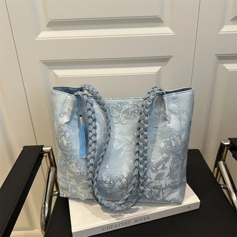 Damen Ästhetische Schmetterling Stickerei Jacquard Shopper Große Kapazität Blumen Spitze Schultertasche Mit Geflochtenem Griff Quaste