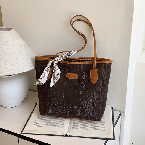 Große Kapazität PU Leder Schlangenmuster Einkaufstasche Mit Satinschal Minimalistische Umhängetasche Für Damen Täglich Pendeln Handtasche